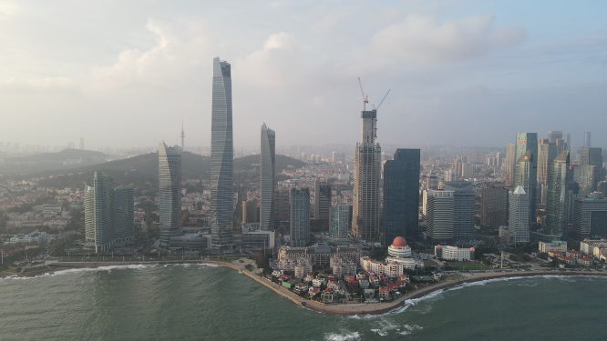 城市航拍青岛海天中心CBD商务建筑