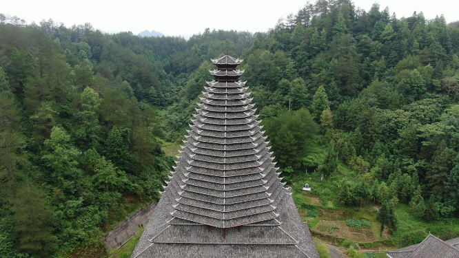 旅游景区湖南通道万佛山鼓楼航拍 