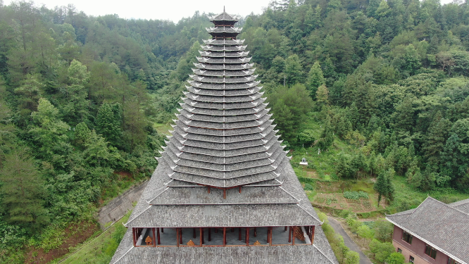 旅游景区湖南通道万佛山鼓楼航拍 