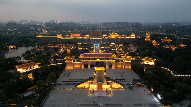 湖北襄阳中国唐城4A景区夜景灯光航拍