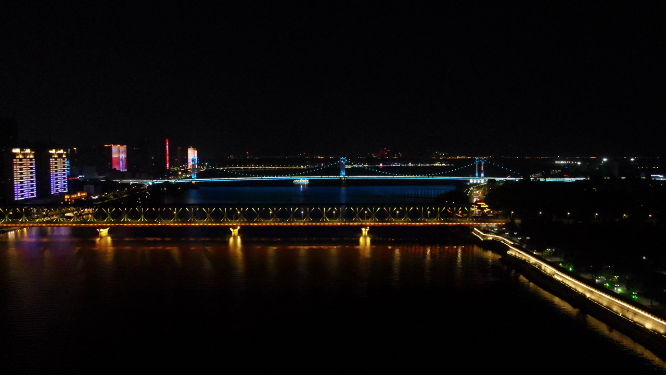 湖北襄阳汉江大桥夜景灯光航拍