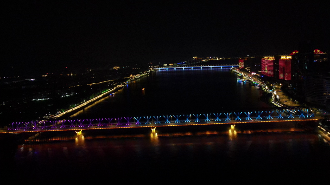 湖北襄阳汉江大桥夜景灯光航拍