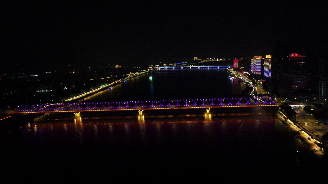 湖北襄阳汉江大桥夜景灯光航拍