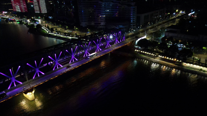 湖北襄阳汉江大桥夜景灯光航拍