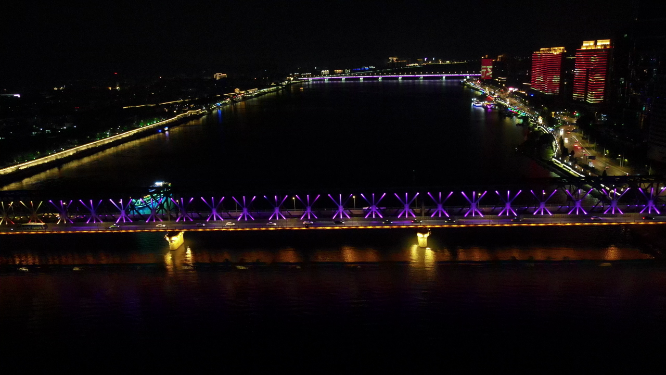 湖北襄阳汉江大桥夜景灯光航拍