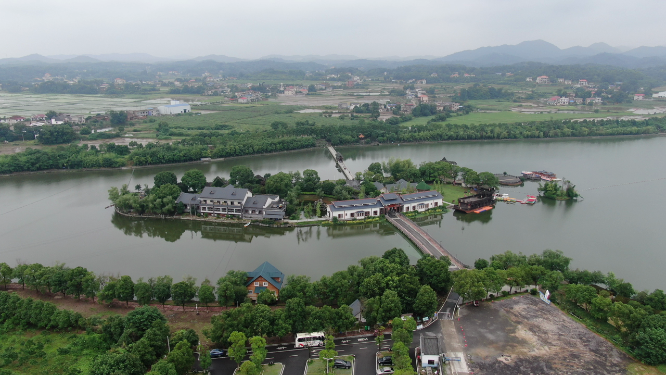 湖南湘潭湘乡市东山岛茅浒水乡4A景区航拍