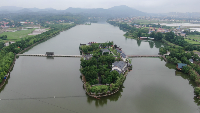湖南湘潭湘乡市东山岛茅浒水乡4A景区航拍