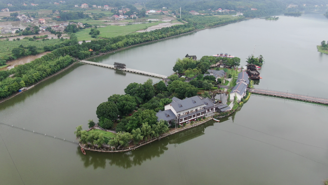 湖南湘潭湘乡市东山岛茅浒水乡4A景区航拍