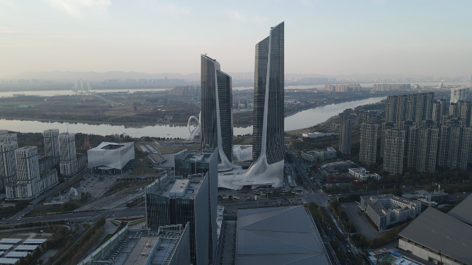 航拍南京双塔地标建筑