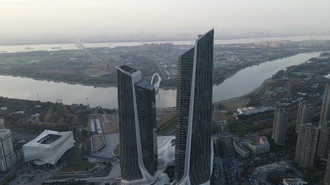 航拍南京双塔地标建筑