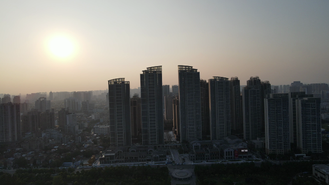 航拍城市夕阳交通高楼车辆
