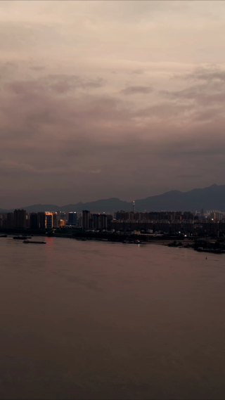 航拍城市夕阳晚霞夜幕降临