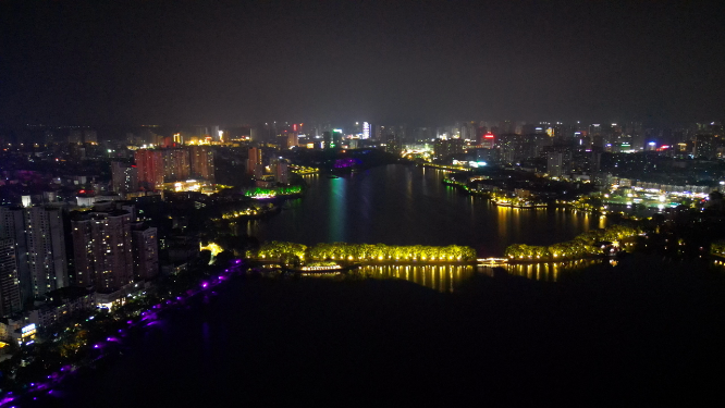 航拍江西九江甘棠公园夜景