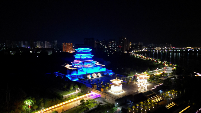 航拍江西抚州拟岘台夜景灯光