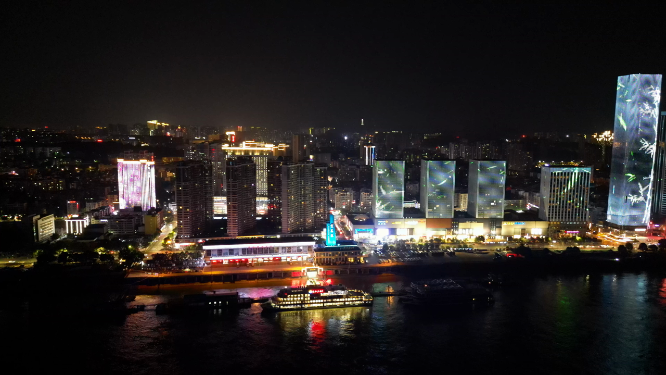 航拍湖北宜昌港万达广场夜景
