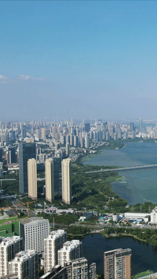 航拍湖北武汉沙湖片区高楼建筑竖屏