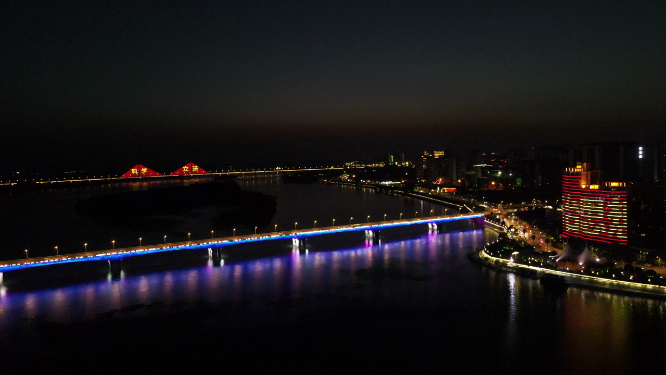 航拍湖北襄阳汉江桥梁夜景灯光 