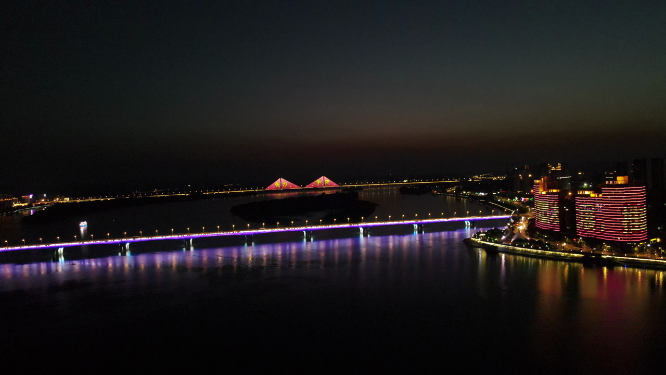 航拍湖北襄阳汉江桥梁夜景灯光 