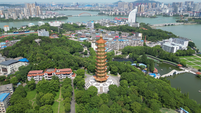 航拍湖北鄂州莲花公园元明塔