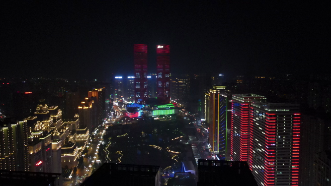 4K航拍贵州贵阳花果园双子塔地标建筑夜景灯光秀 