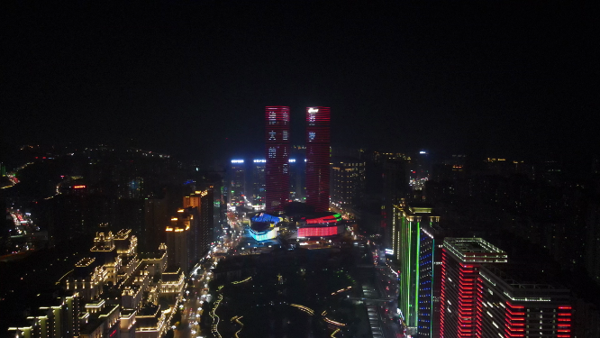 4K航拍贵州贵阳花果园双子塔地标建筑夜景灯光秀 