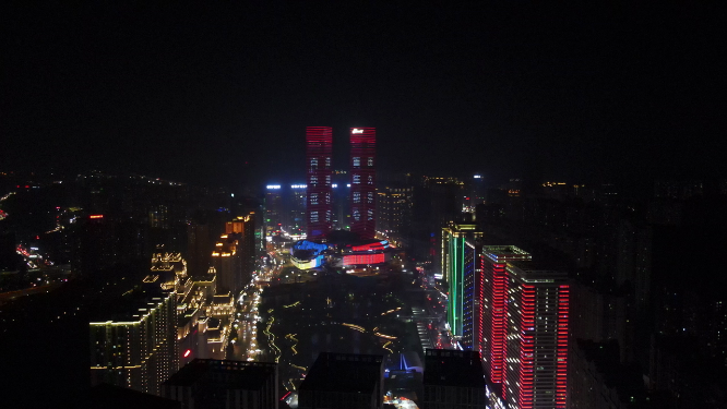4K航拍贵州贵阳花果园双子塔地标建筑夜景灯光秀 