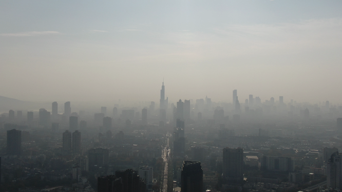 城市航拍南京清晨迷雾高楼建筑