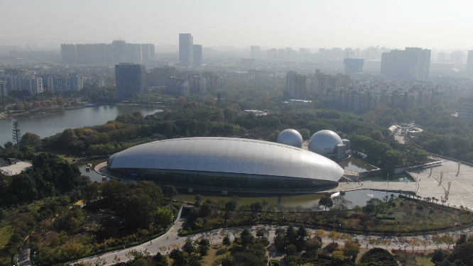 航拍江苏南京科技馆地标