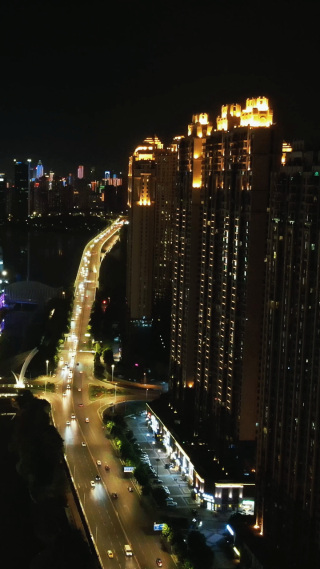 城市航拍武汉城市夜景交通竖屏
