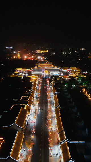 城市航拍河北石家庄正定古城燕赵南大街夜景阳和楼