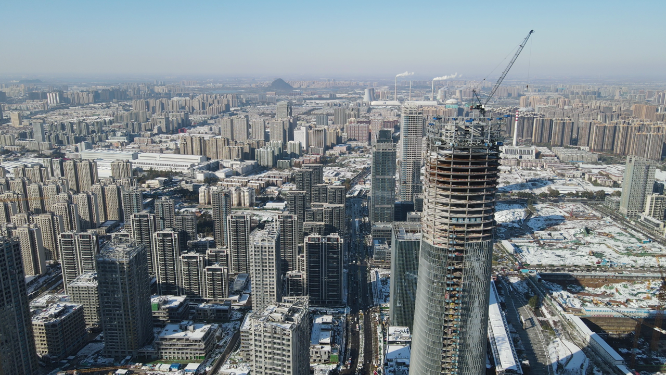 城市航拍济南世贸大厦施工现场