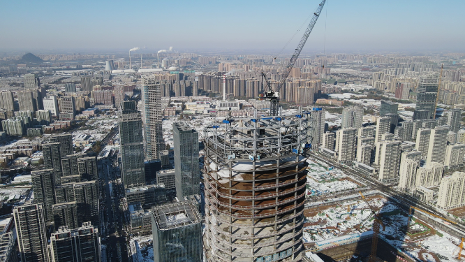 城市航拍济南世贸大厦施工现场