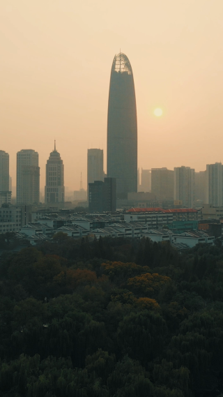 城市航拍济南城市日落晚霞夕阳