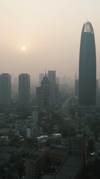 城市航拍济南城市日落晚霞夕阳