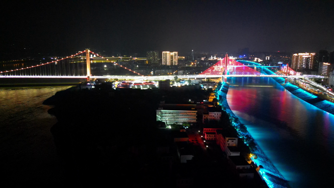 城市航拍湖北宜昌跨长江大桥夜景