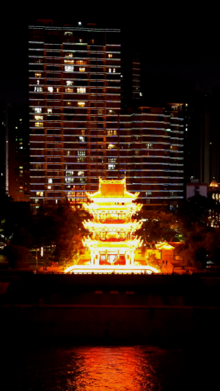 城市航拍湖北宜昌镇江阁夜景