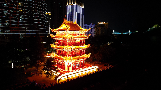 航拍湖北宜昌镇江阁夜景