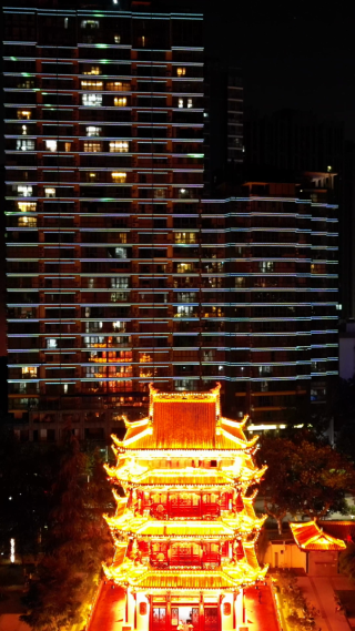 城市航拍湖北宜昌镇江阁夜景