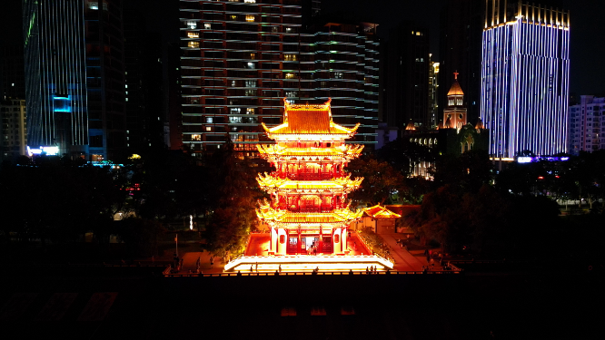 航拍湖北宜昌镇江阁夜景