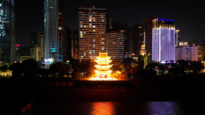 航拍湖北宜昌镇江阁夜景