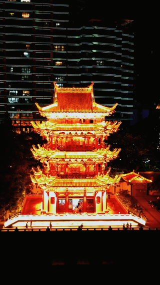 城市航拍湖北宜昌镇江阁夜景
