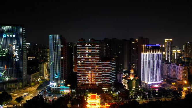 航拍湖北宜昌镇江阁夜景