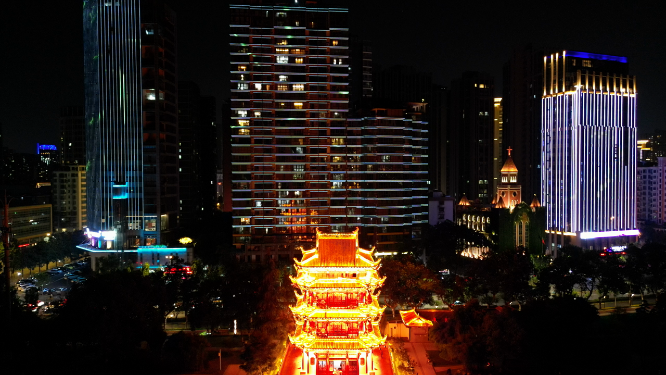 航拍湖北宜昌镇江阁夜景