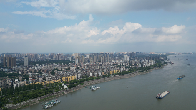 城市航拍湖北荆州城市蓝天白云天际线