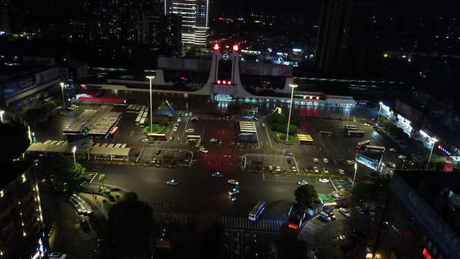 城市航拍湖南岳阳火车站夜景