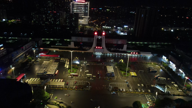 城市航拍湖南岳阳火车站夜景