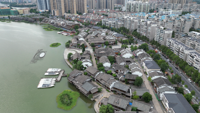 城市航拍湖南常德大小河街 