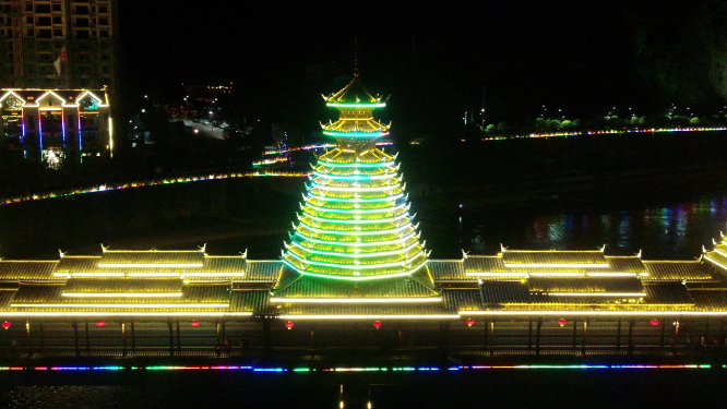 城市航拍湖南新晃晃州风雨桥夜景