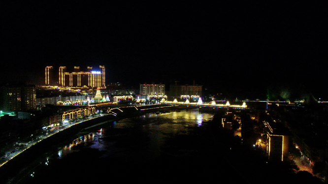 城市航拍湖南新晃晃州风雨桥夜景
