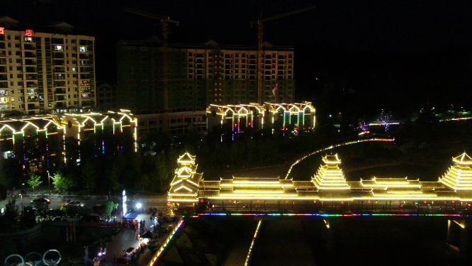 城市航拍湖南新晃晃州风雨桥夜景
